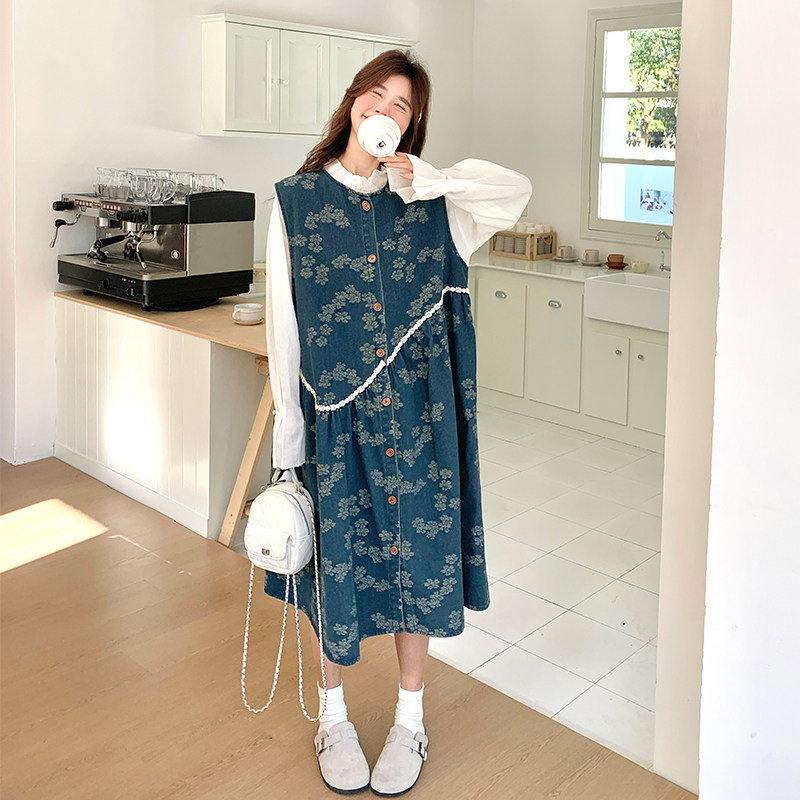 学院风穿搭牛仔背心连衣裙女春秋超火好看高级感独特漂亮长裙套装,女装套装/套裙,2C056