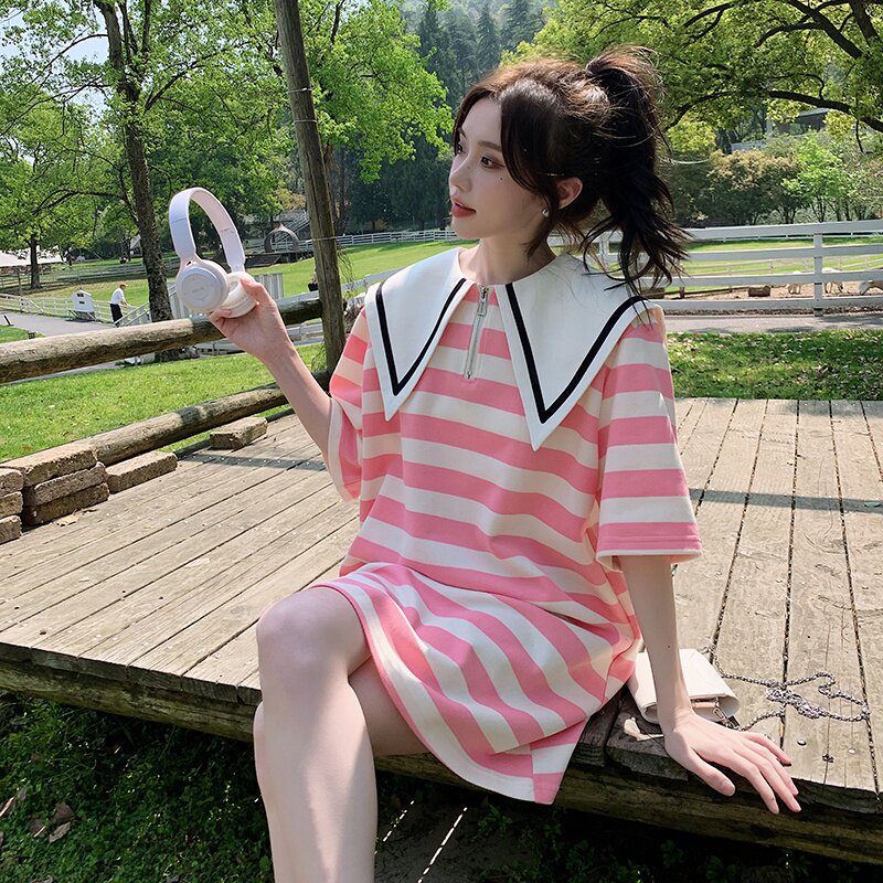 正在出货中主推夏季海军领粉色条纹连衣裙2C032827P95K148,女装连衣裙,2C032
