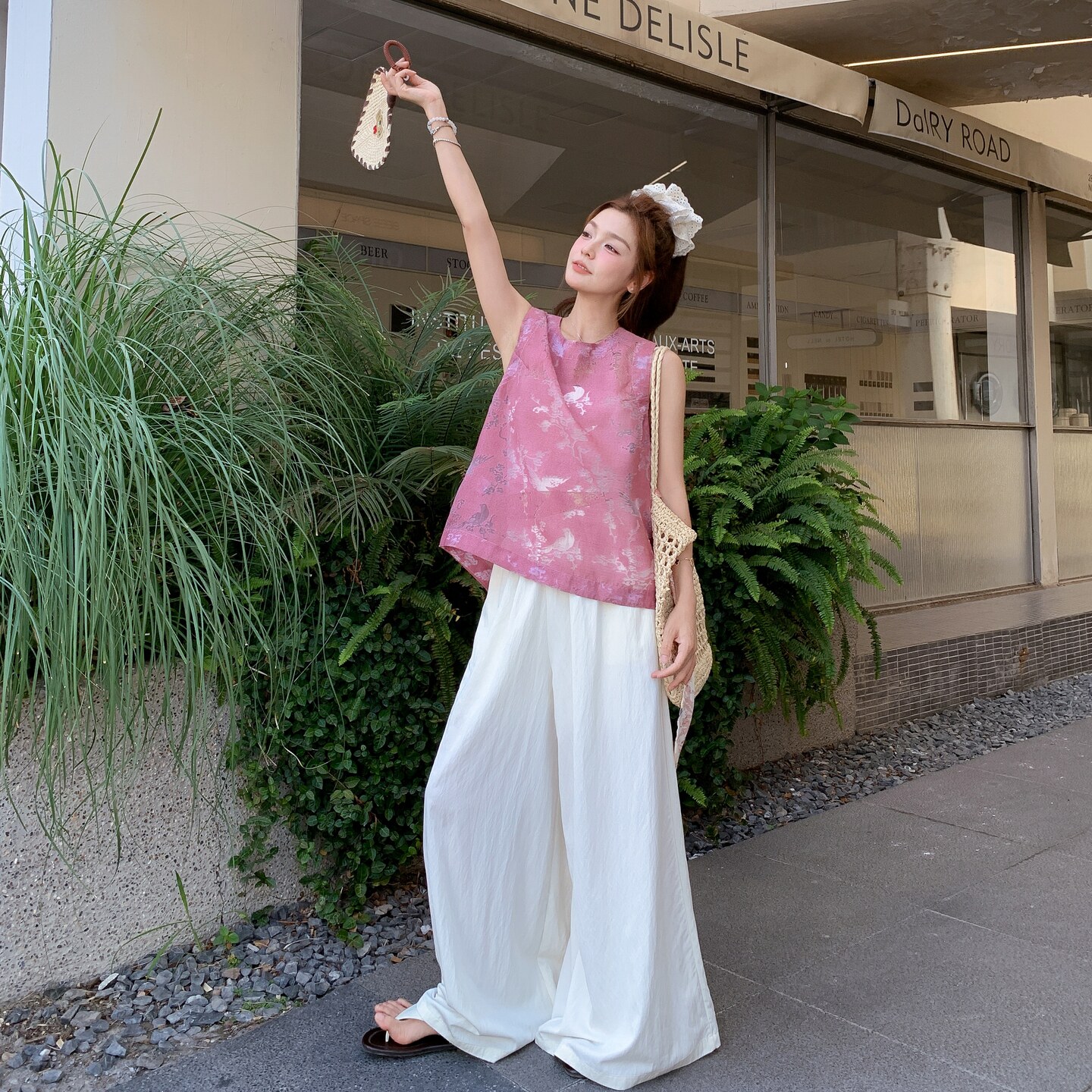 粉色提花背心上衣阔腿裤套装女2025夏季新款法式高级感气质两件套,女装套装/套裙,2C135