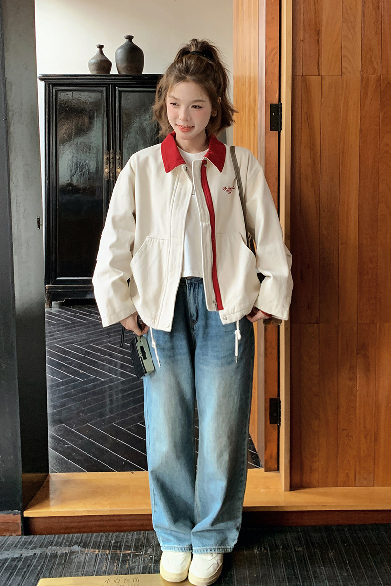 小个子学院风拼接撞色短外套女2025春季新款复古宽松时尚休闲夹克,女装短外套,2C166