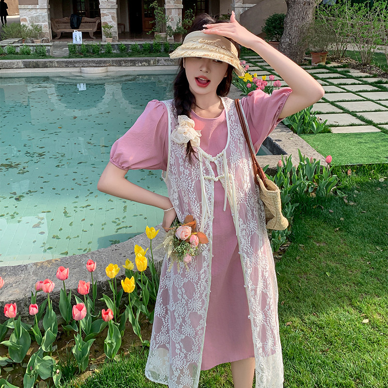 粉色温柔风套装裙女2025年夏季新款泡泡袖连衣裙蕾丝背心裙两件套,女装套装/套裙,2C030