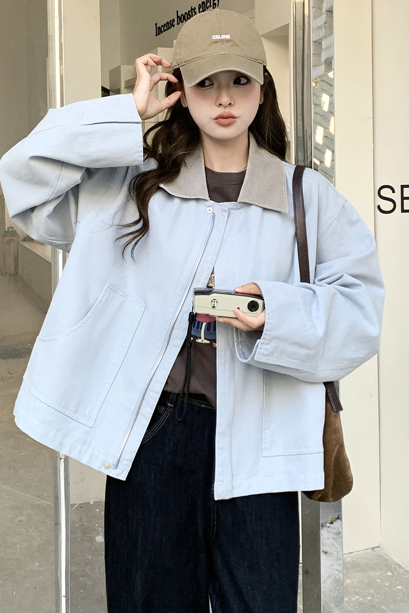 蓝色休闲工装外套女2025春季新款韩版设计感小个子超好看短款夹克,女装短外套,2C086