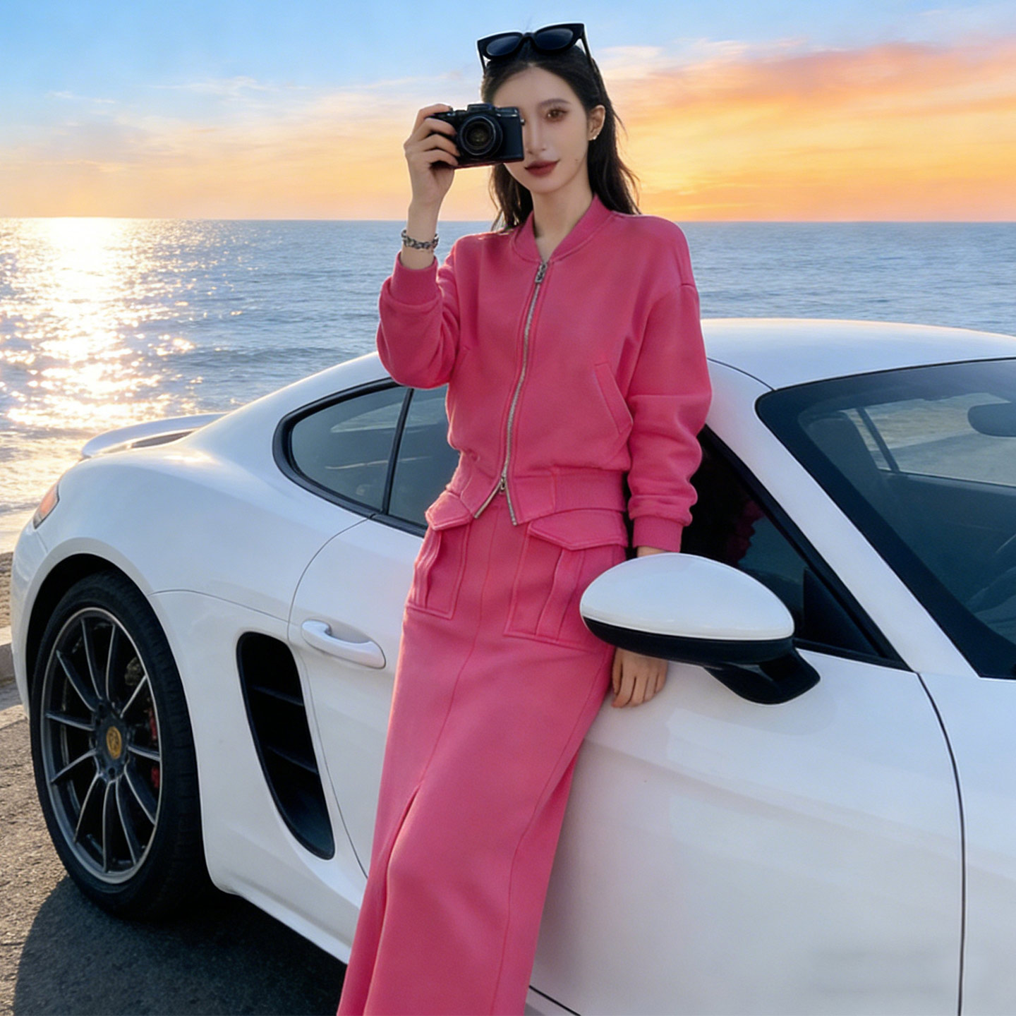 纯色连帽拉链开衫卫衣套装女春季新款时尚减龄开叉半身裙两件套潮,女装套装/套裙,2C310