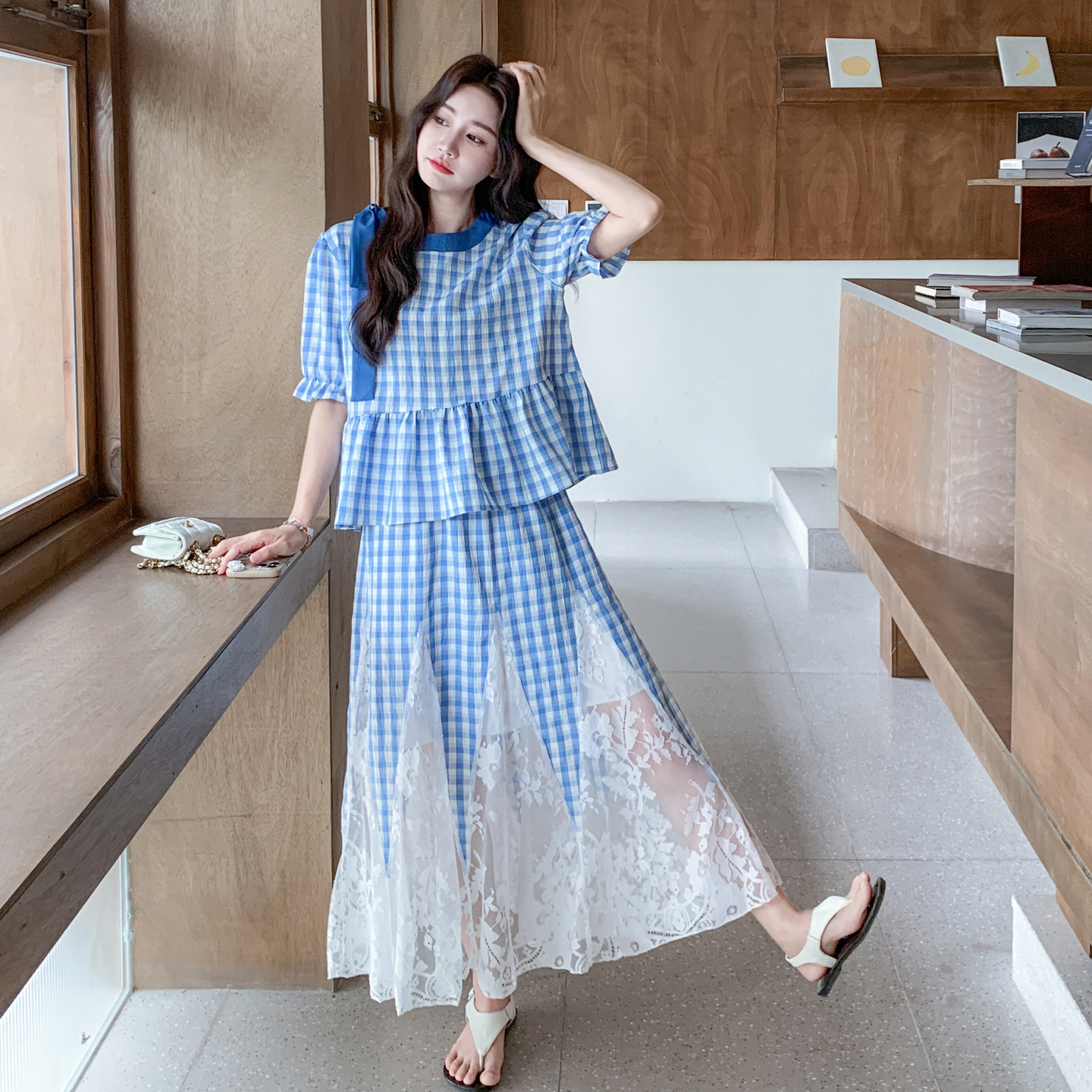 蓝色格子休闲套装裙女2025年夏季新款巨好看网纱拼接半身裙两件套,女装套装/套裙,2C117