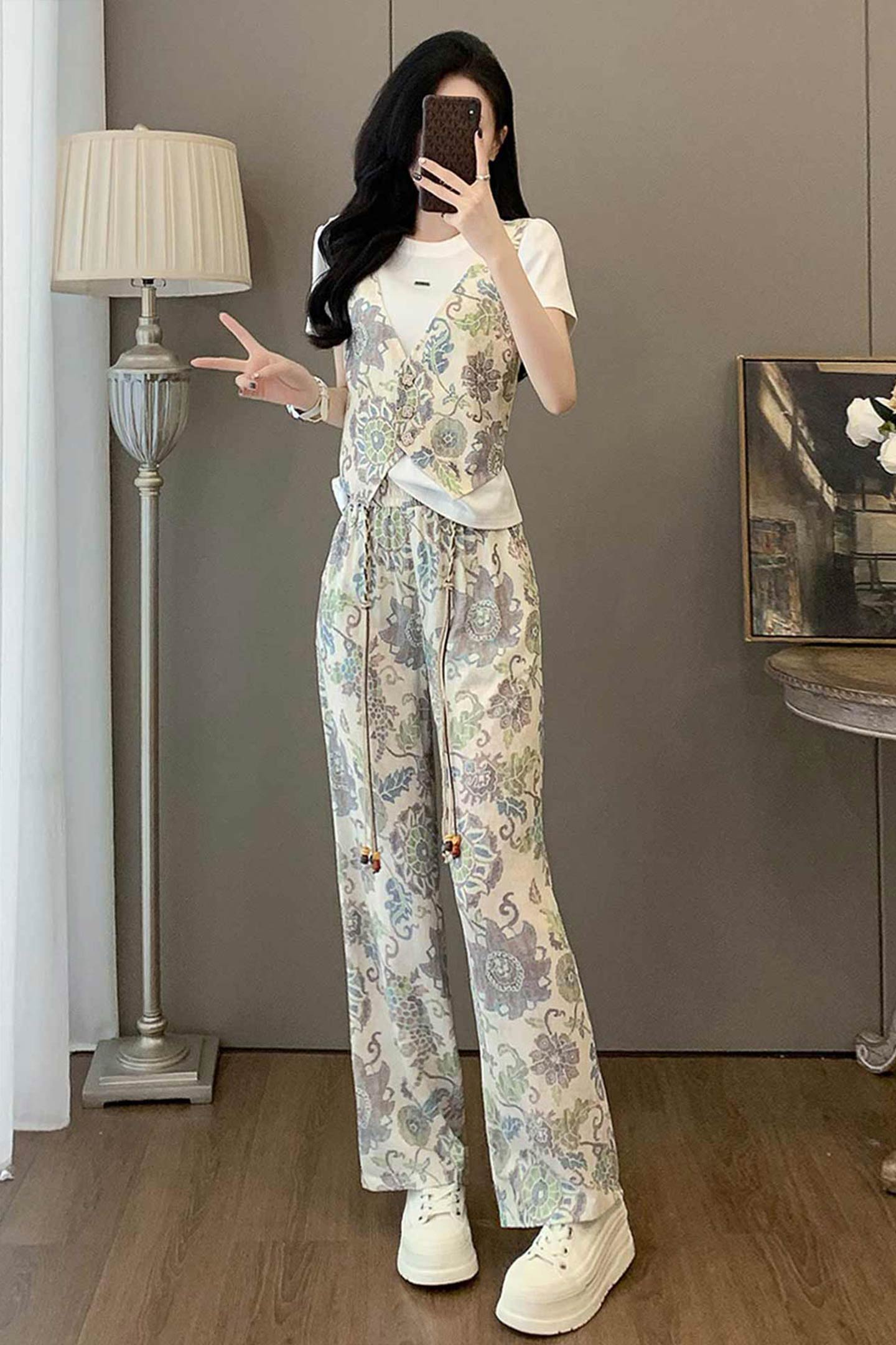 欧韩时尚洋气套装女夏季新款设计感印花马甲假两件上衣长裤两件套,女装套装/套裙,2C310