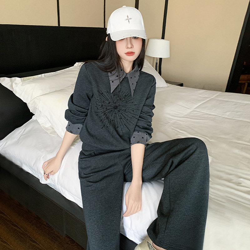 女春高级感拼接色烫钻订珠卫衣阔腿裤两件套,女装套装/套裙,2C310