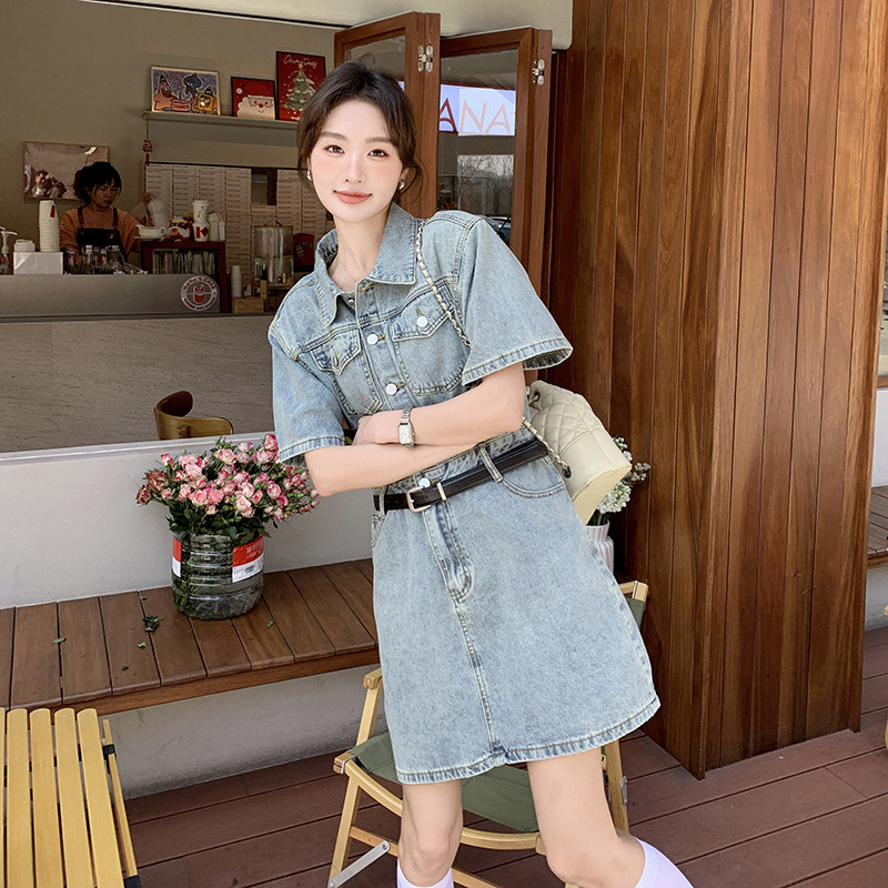 港风复古水洗polo牛仔连衣裙女夏季2025新款气质收腰显瘦A字短裙,女装连衣裙,2C057