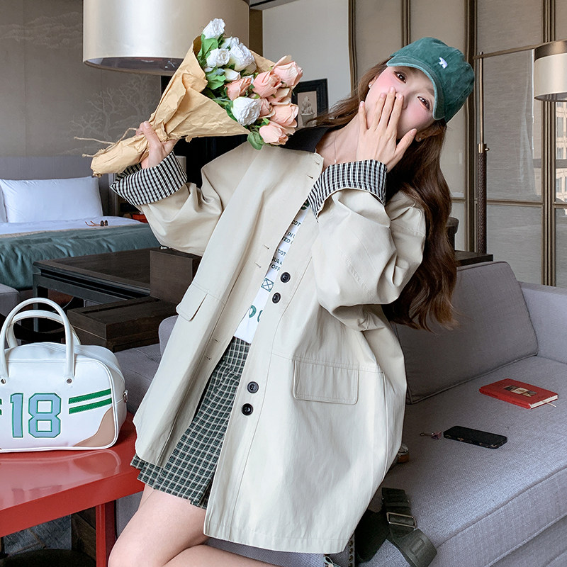 现货25春装新款学院风格子宽松慵懒风风衣外套女韩小个子女士风衣,女装风衣,衣珂纱朗