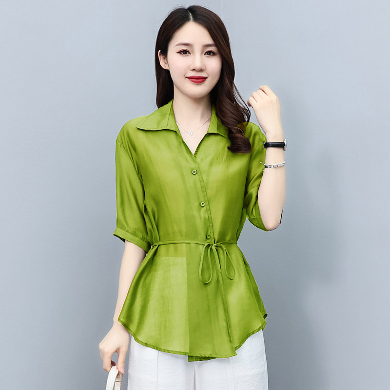 大量现货!24夏装新款宽松大码系带衬衣绿色衬衫加阔腿裤大码,女装衬衫,衣珂纱朗