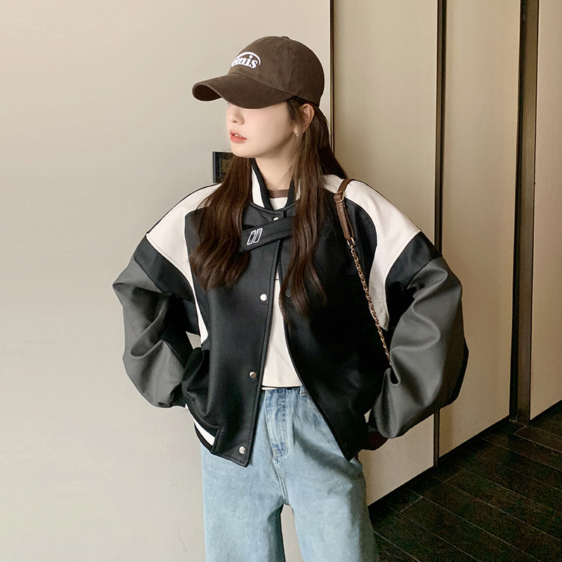 秋季女士夹克棒球服宽松长袖皮衣外套2C112-CF707-P135-控188,女装皮衣,2C112