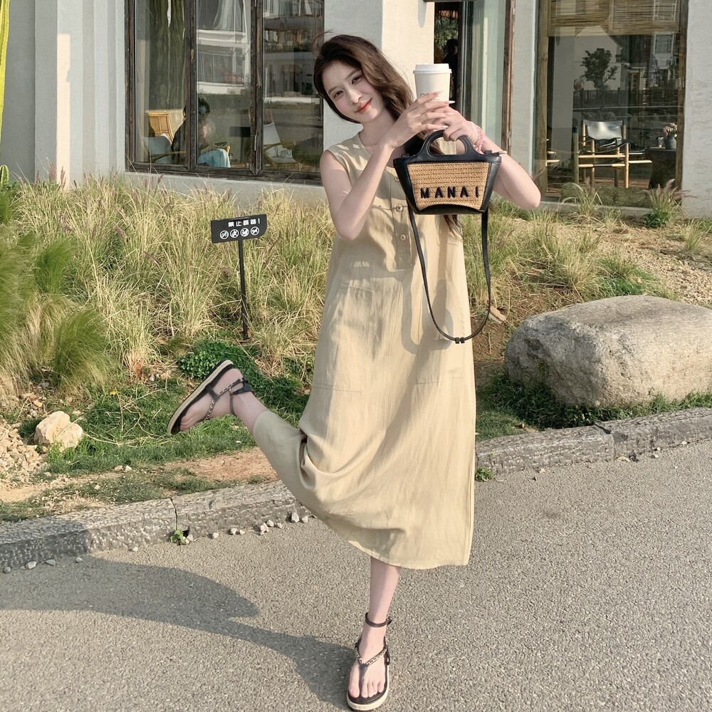 法式慵懒风海边度假高级感连衣裙女2025年夏季新款无袖宽松背心裙,女装连衣裙,2C215