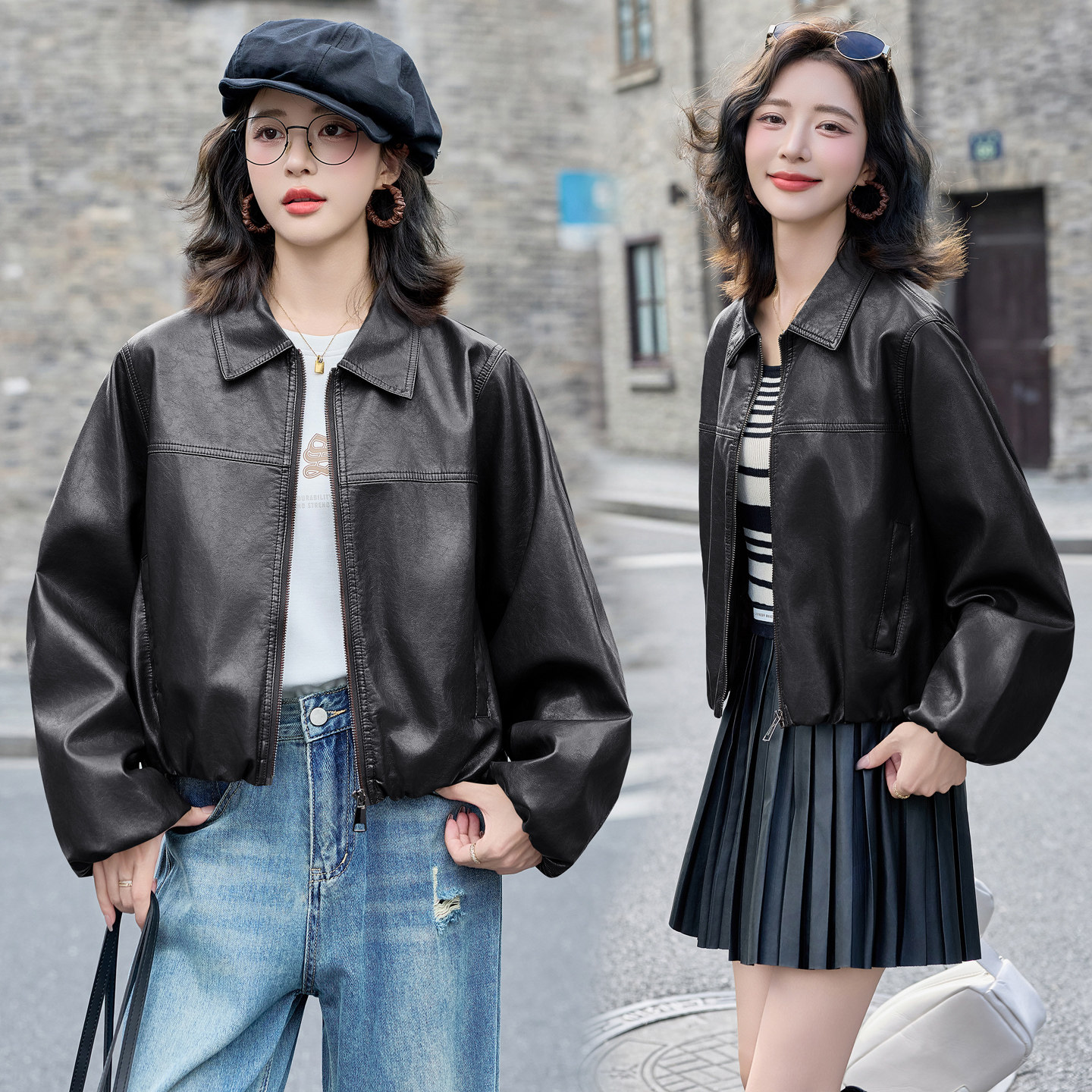 皮衣女2025秋季新款时尚翻领宽松皮外套,女装皮衣,英标秀（1C119）