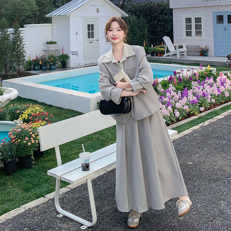 浅灰色假两件西装套装裙女2025春秋季韩系高级感显瘦半身裙两件套,女装套装/套裙,2C009