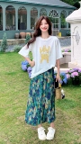 油画白色T恤碎花百褶裙套装女夏2025新款学院风两件套小个子爆款，女装连衣裙，2D008