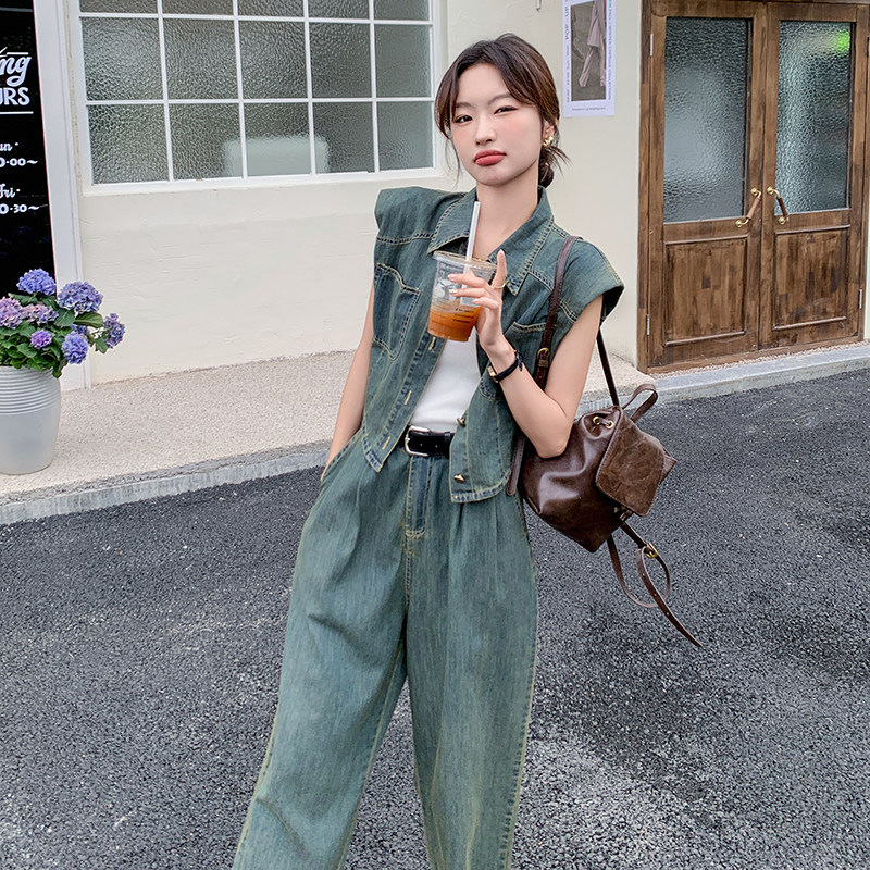 港味复古淡人牛仔两件套女2025夏季时髦上衣气质高腰阔腿裤两件套图片