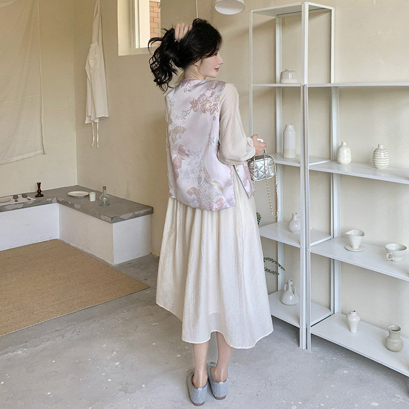 现货2D078-T1897-P185K258风刺绣马甲+褶皱牛津连衣裙真两件套,女装套装/套裙,2D078