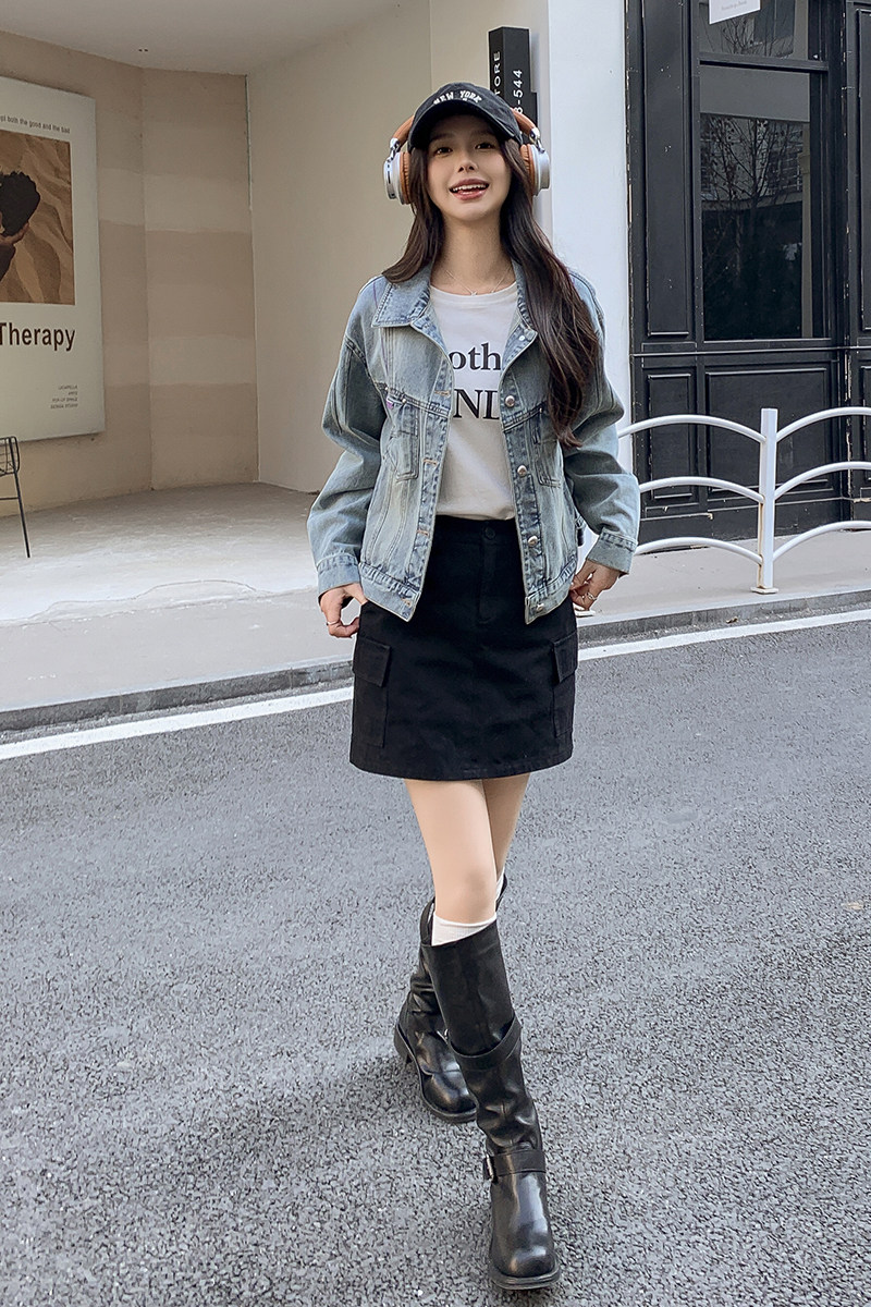 翻领牛仔外套女2025年秋季新款高级设计感小众小个子炸街短款上衣,女装短外套,2C215