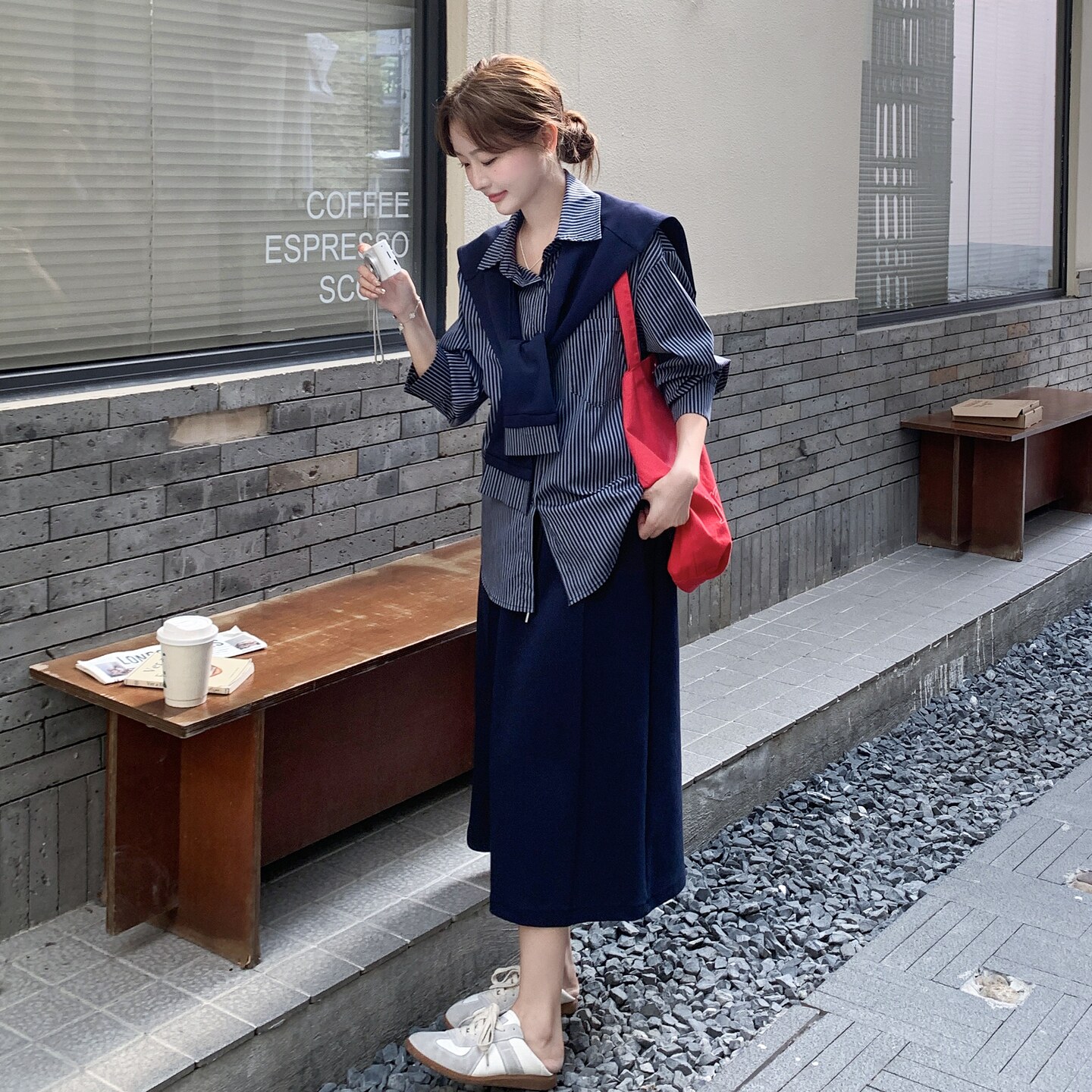 松弛感韩范披肩条纹衬衫套装裙女2025秋新款气质显瘦半身裙两件套图片