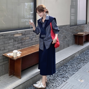 松弛感韩范披肩条纹衬衫套装裙女2025秋新款气质显瘦半身裙两件套图片