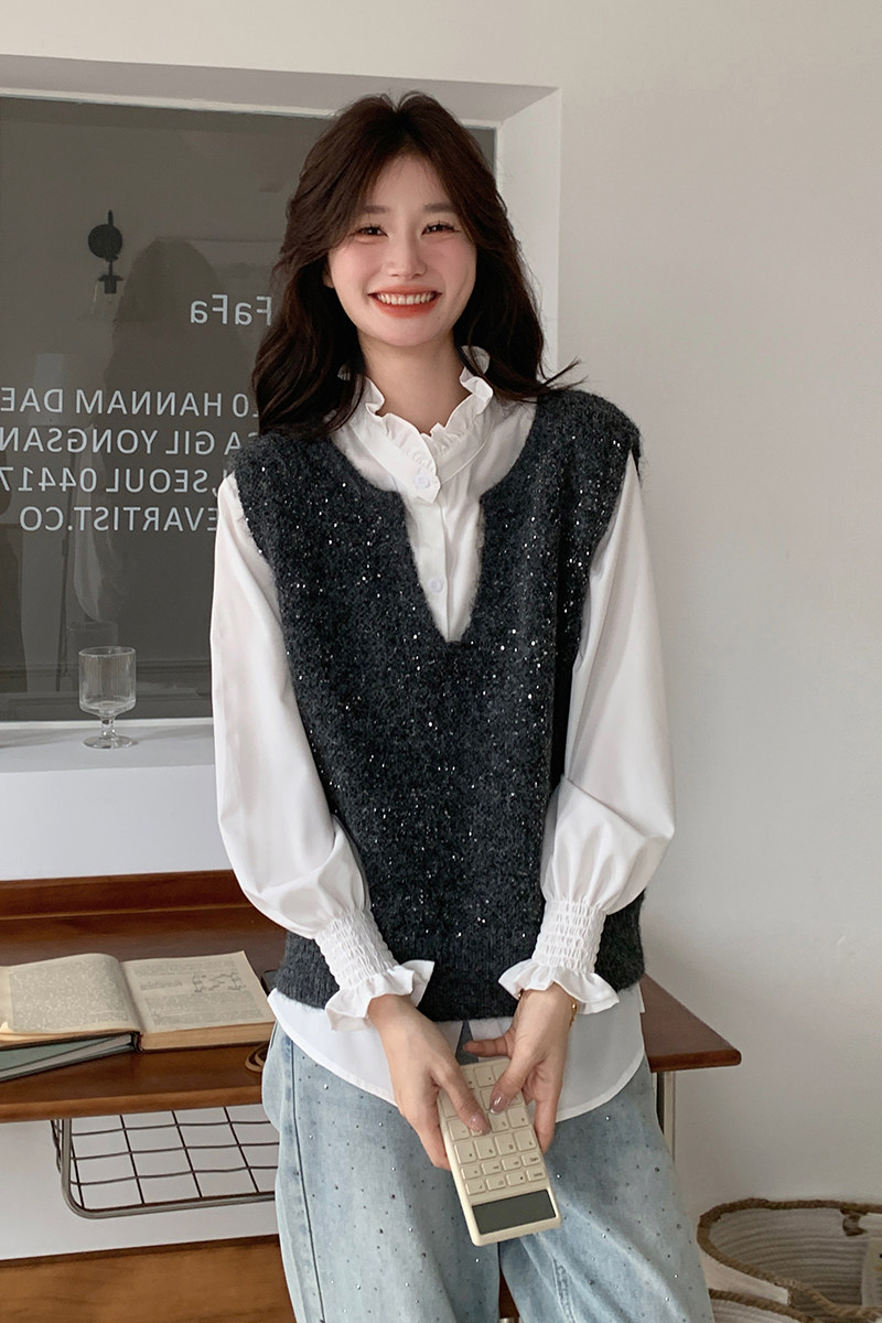 时尚新款气质款闪闪V领背心+甜美衬衫两件套6123P135K198,女装马甲,2C166