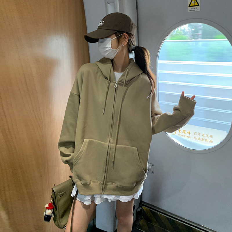 卡其色连帽开衫卫衣外套女2024春季新款韩版小个子慵懒风休闲上衣,女装卫衣/绒衫,2C037