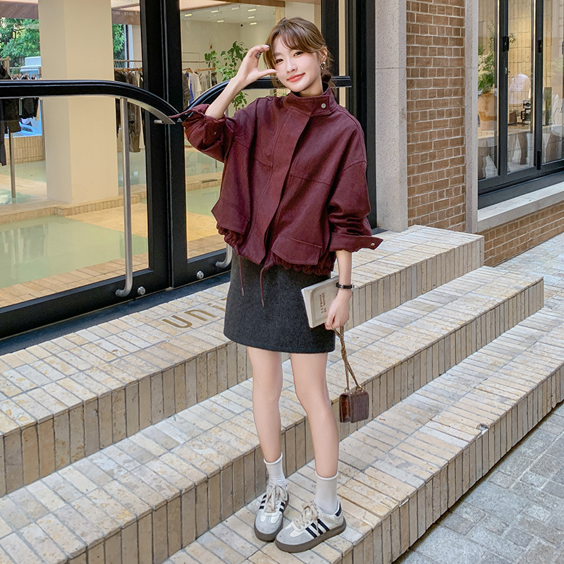 港风复古红色麂皮绒外套女2025春季新款高级感立领休闲小个子上衣,女装短外套,2C236