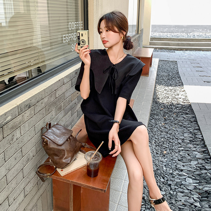 黑色娃娃领t恤连衣裙女夏装气质高级感超火宽松显瘦遮肉减龄裙子,女装连衣裙,2C098