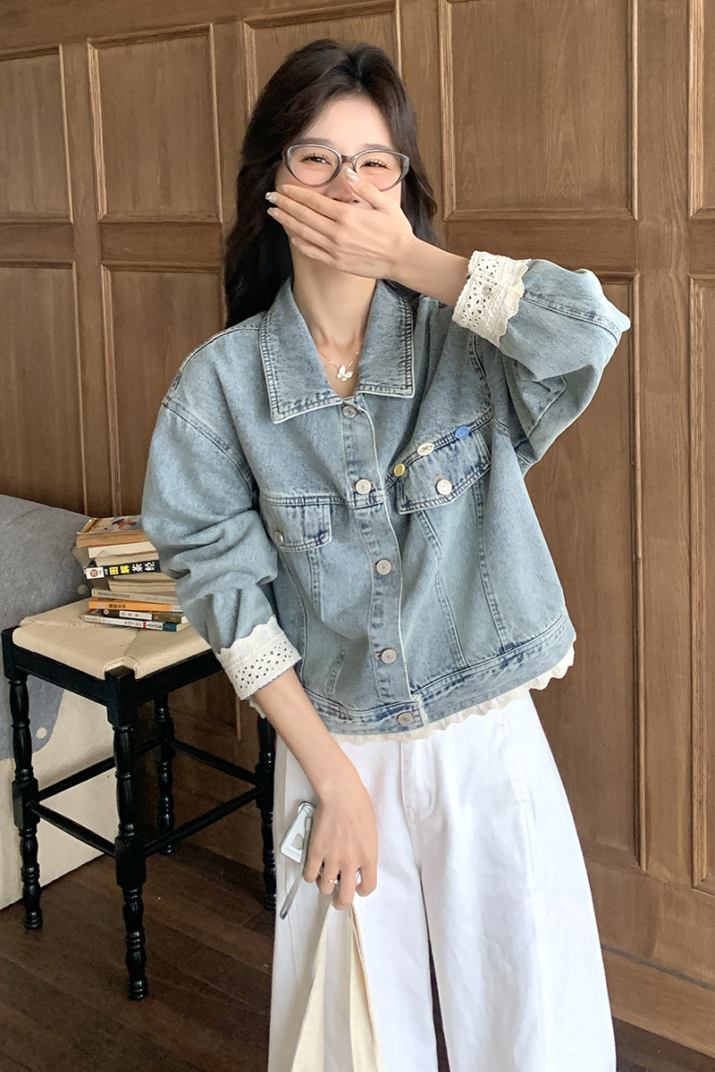浅蓝色牛仔外套女春秋2025新款韩系设计感超好看宽松休闲夹克上衣,女装短外套,2C218