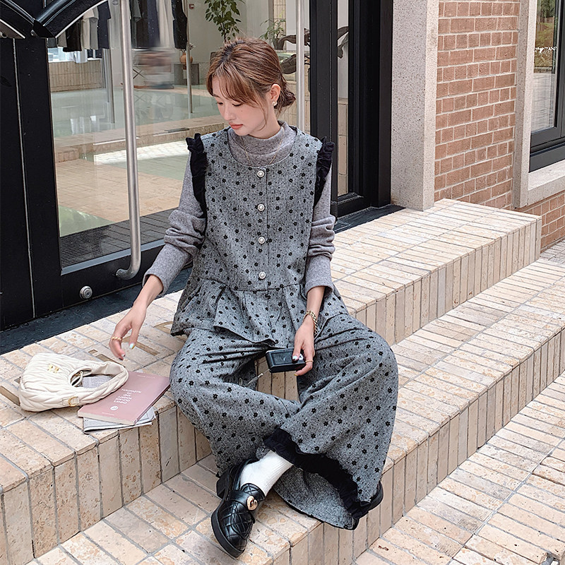 韩系灰色波点马甲套装三件套女秋冬高级感一整套穿搭盐系轻熟风,女装套装/套裙,2C056