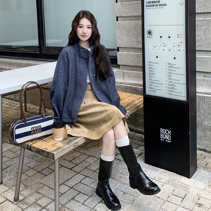 休闲宽松蓝色毛呢外套女秋冬2025新款小个子独特漂亮流行爆款大衣,女装毛呢外套,2C159