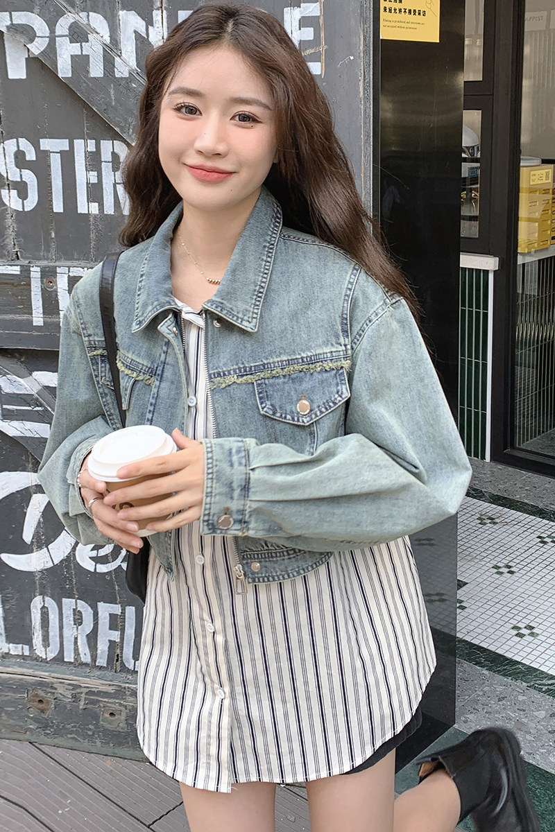 【现货】牛仔拼接衬衣假两件套春秋休闲外套2C353-8619-p140-k208,女装短外套,2C353