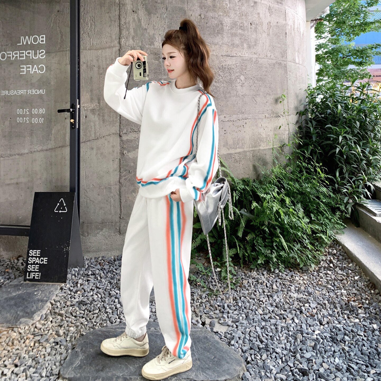 白色学院风运动套装女2025秋季韩版条纹撞色长袖卫衣阔腿裤两件套,女装套装/套裙,2C325