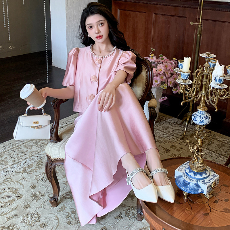 粉色法式减龄时尚套装裙女夏日2025新款气质珍珠名媛半身裙两件套,女装套装/套裙,2C159