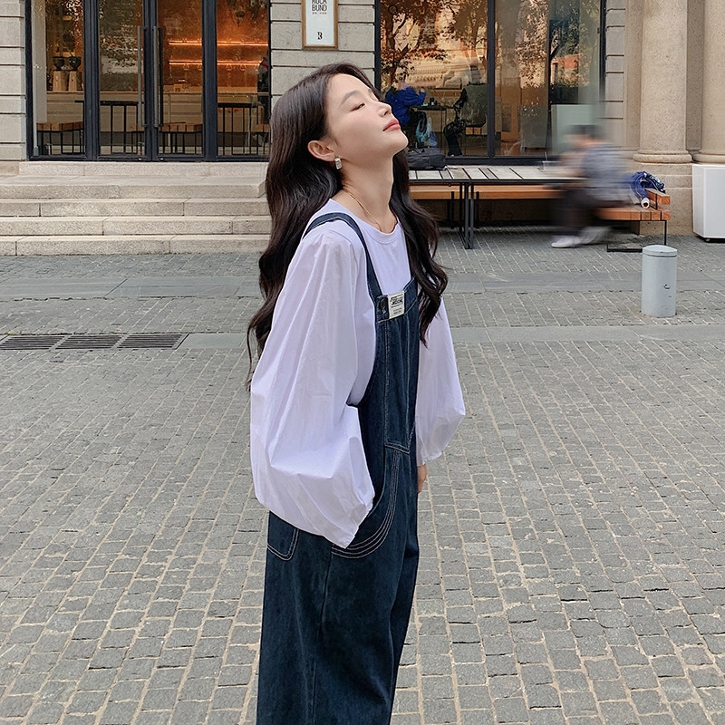薄款复古牛仔背带裤套装女2025夏季新款韩版宽松减龄休闲两件套潮,女装套装/套裙,2C098