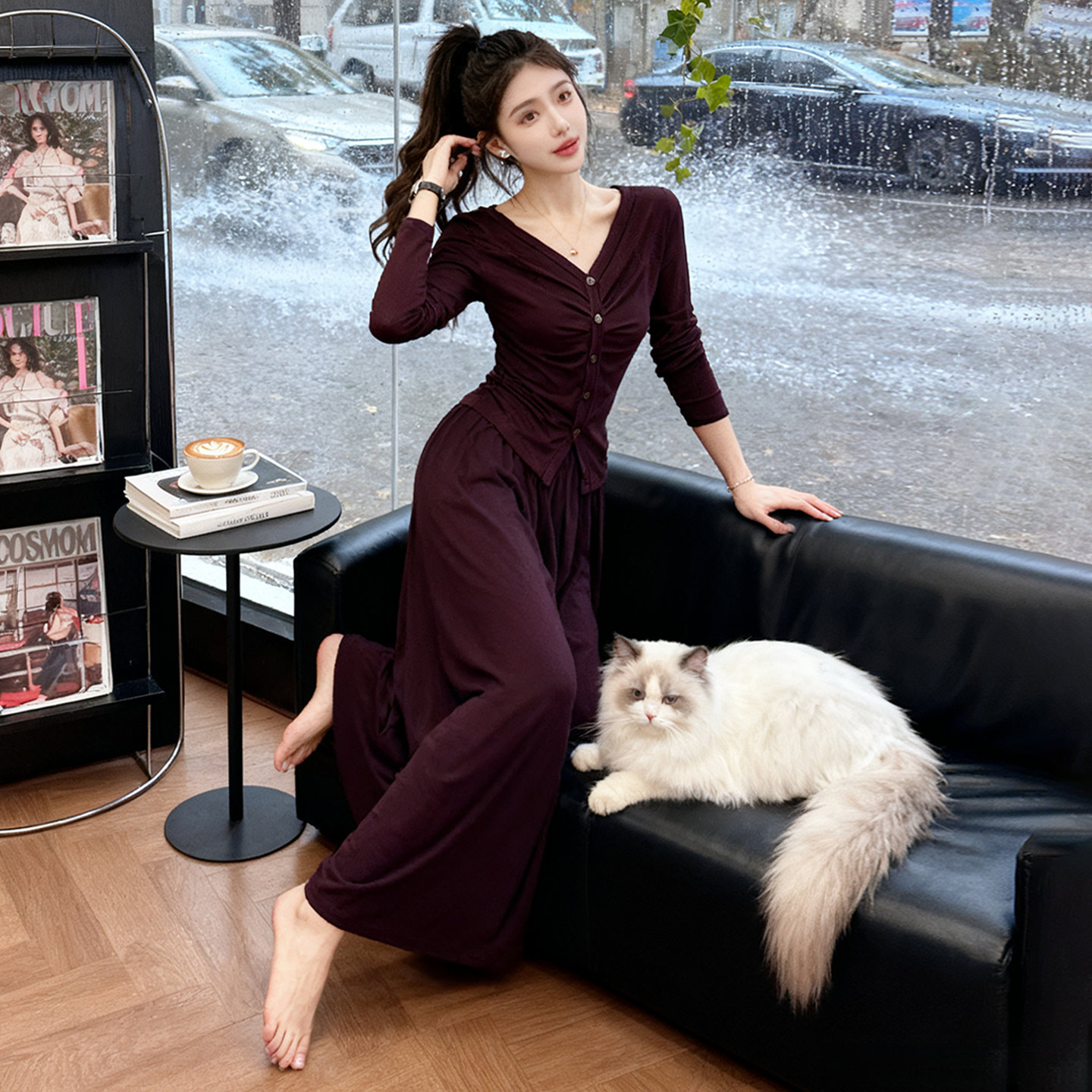 欧货休闲运动套装裙女春新款高级感褶皱收腰V领上衣中长裙两件套,女装套装/套裙,2C310