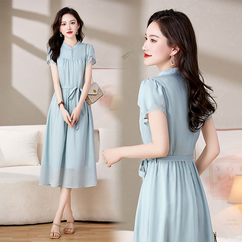 清新素雅改良旗袍裙年轻款2023夏季新款收腰显瘦新中式风连衣裙,女装连衣裙,锦绣伊人