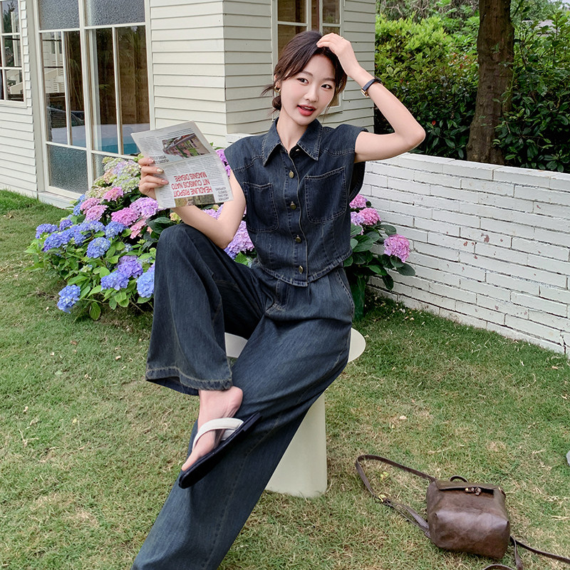 又酷又飒穿搭无袖牛仔套装女夏超火巨好看休闲减龄马甲长裤两件套,女装套装/套裙,2C075