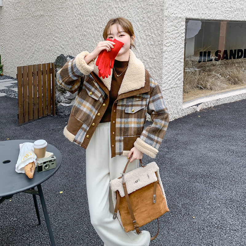 韩系复古大翻领格子皮毛一体外套女冬2025新款加厚保暖羊羔毛棉服,女装羽绒服,2C159