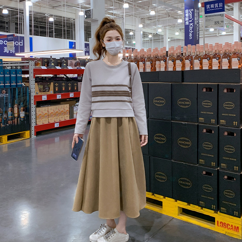 韩系假两件拼接卫衣连衣裙女春秋2025新款学院风减龄宽松休闲长裙,女装连衣裙,2C009