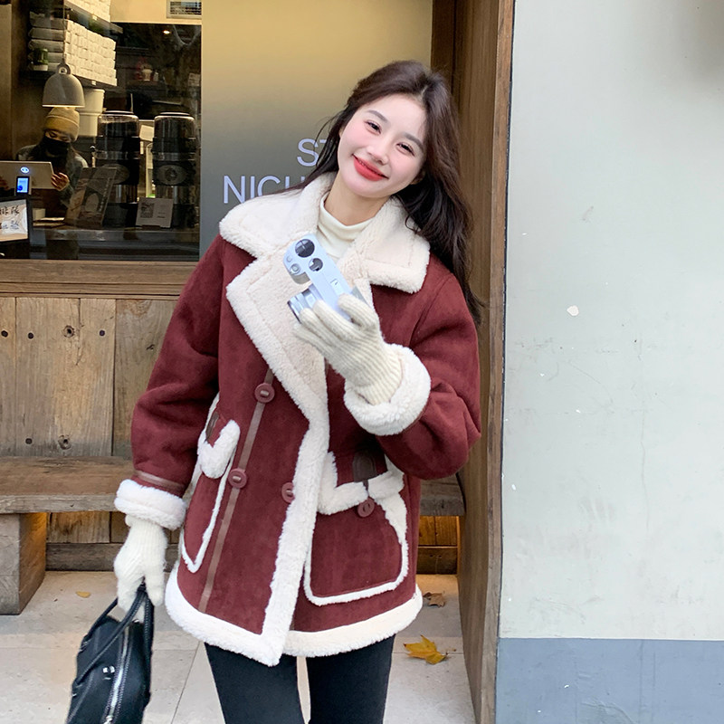 红色皮毛一体羊羔毛麂皮绒外套女2024冬季新款小个子加厚加绒棉衣,女装皮草,2C022