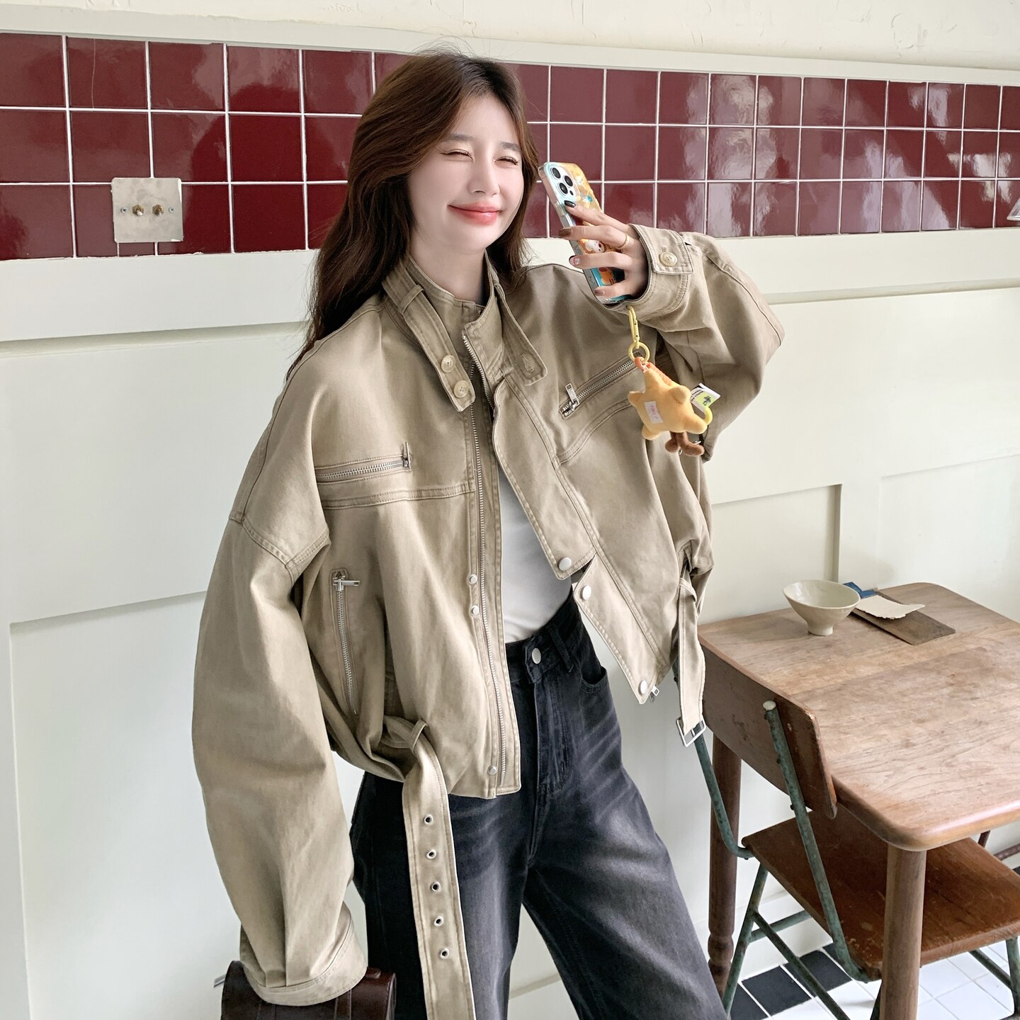 短款工装外套女2025新款宽松美式复古机车服夹克,女装短外套,2C012