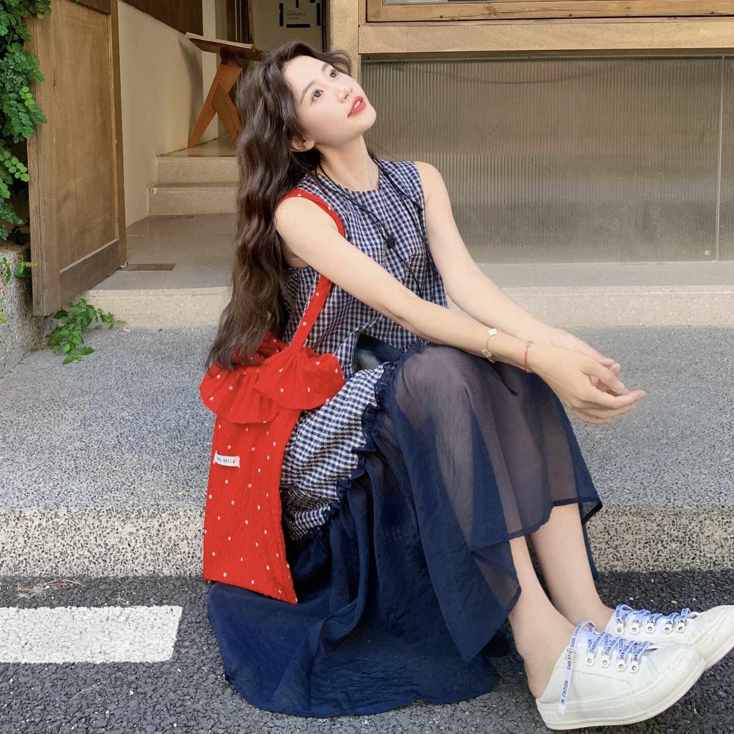 夏季格子拼接韩系刺绣花格连衣裙设计感连衣裙长款显瘦气质时尚,女装连衣裙,2C307