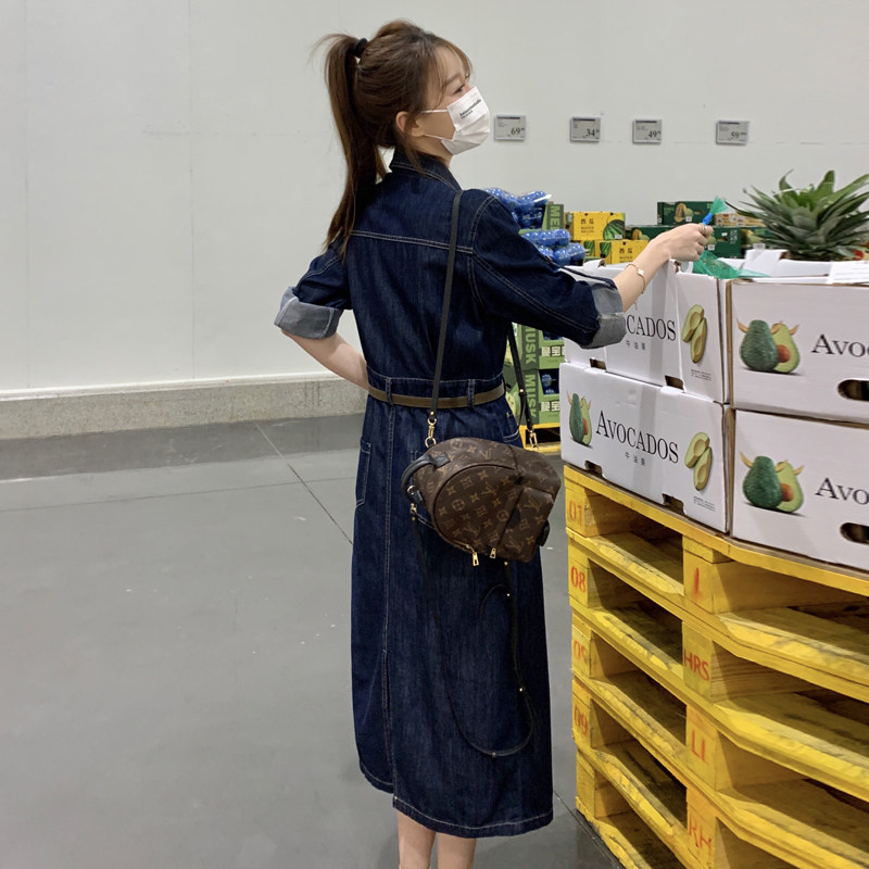 港风复古时尚气质牛仔连衣裙女2025春秋季新款法式收腰显瘦长裙子,女装连衣裙,2C266