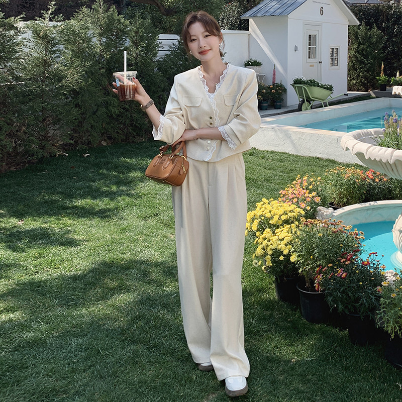 蕾丝花边拼接小香风西装套装女春秋季2025新款高级感阔腿裤两件套,女装套装/套裙,2C203