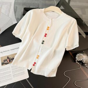 女夏季新款时尚潮流气质套装圆领彩色纽扣针织衫短袖牛仔裙两件套图片