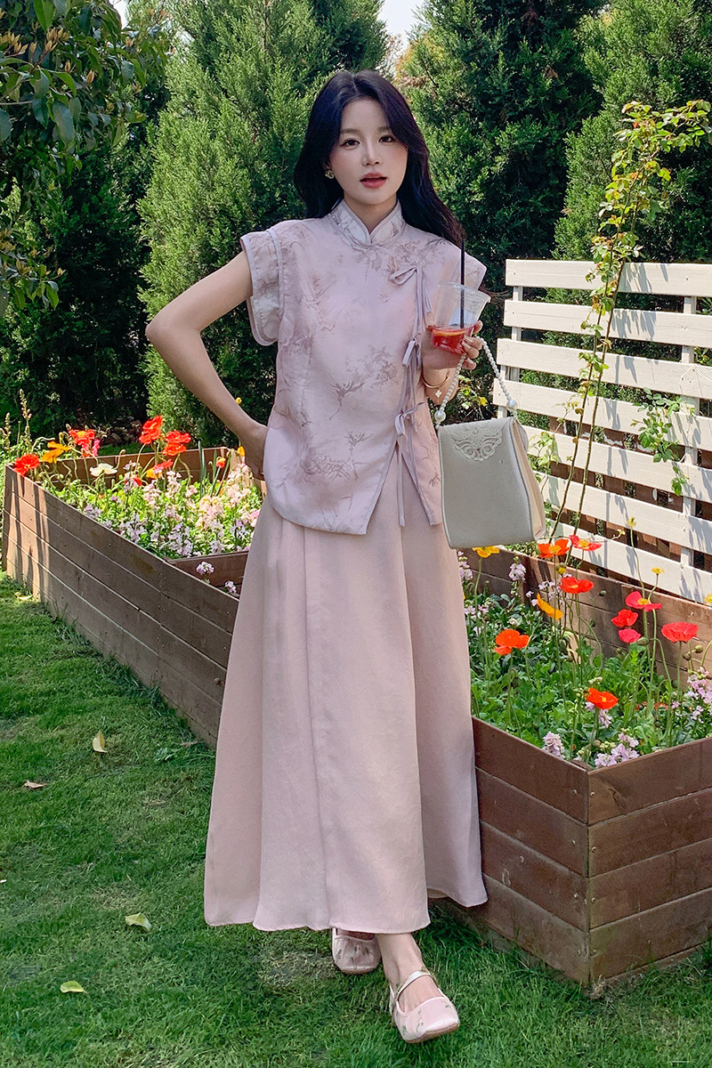 新中式国风印花上衣半身裙套装女2025夏季新款盘扣减龄显瘦两件套,女装套装/套裙,2C088