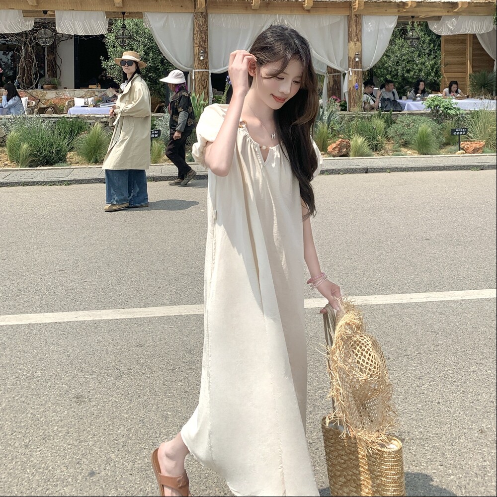 杏色波西米亚风连衣裙女2025夏季新款法式温柔绝美减龄显瘦长裙子,女装连衣裙,2C215
