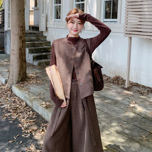 咖色复古美拉德气质马甲套装裙女2025秋季韩系打底衫九分裤三件套图片