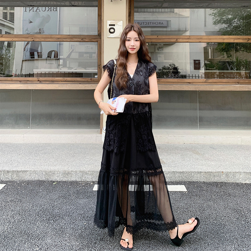 法式提花马甲蕾丝半身裙两件套女2025夏季新款网纱拼接裙子套装,女装套装/套裙,1D066-1