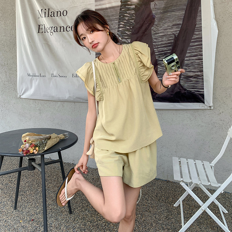 【】轻熟小个子套装夏季飞飞袖衬衫阔腿裤两件套5050P135K198,女装套装/套裙,2C166